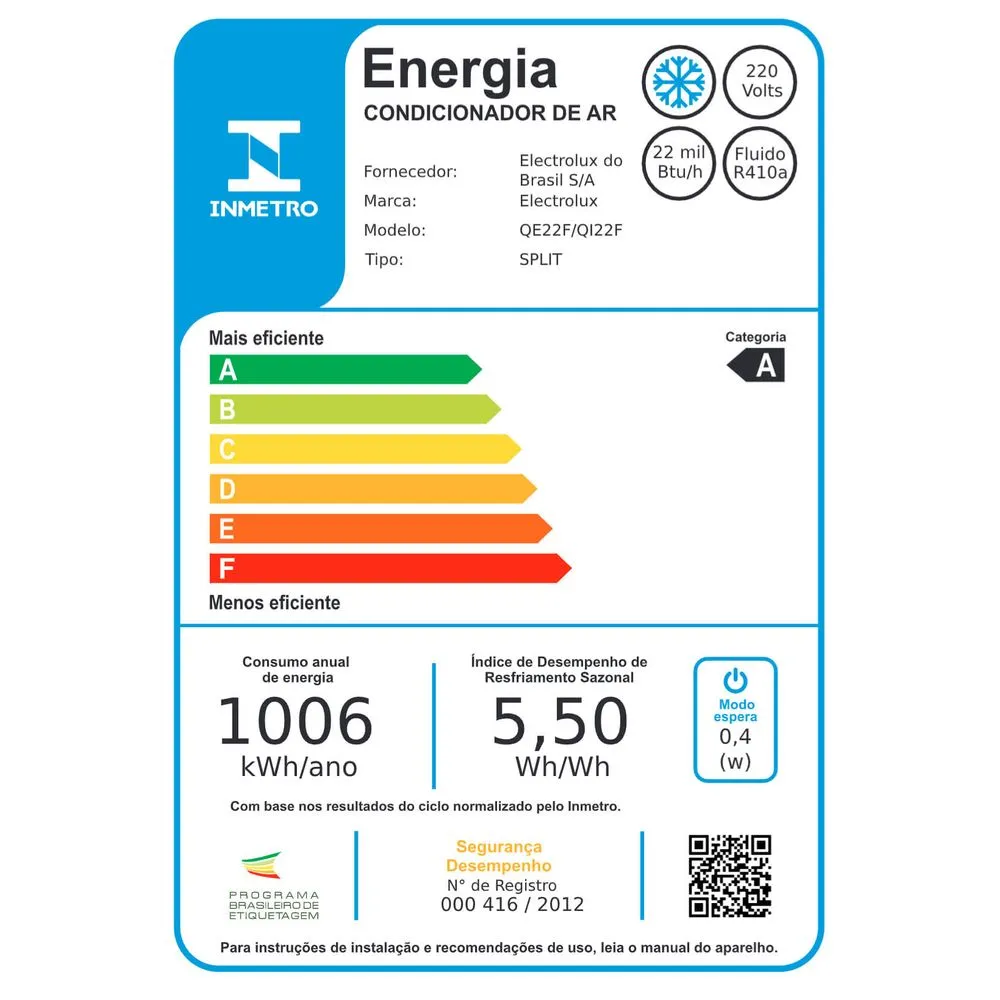 Ar-Condicionado Split Electrolux Inverter 22.000 BTUs Frio com Função Eco (QI22F/QE22F)