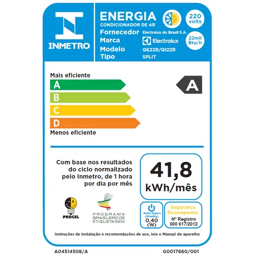 Ar-Condicionado Split Electrolux Inverter 22.000 BTUs Quente/Frio com Função Eco (QI22R/QE22R)
