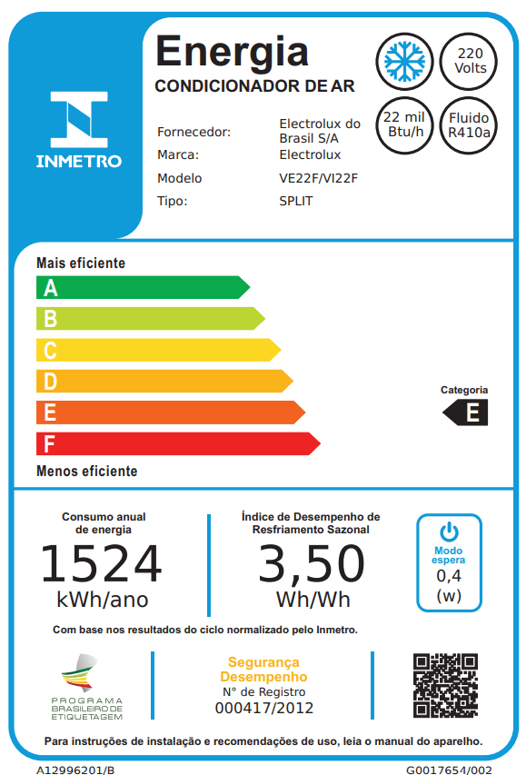 Ar-Condicionado Split Electrolux 22.000 BTUs Frio Linha Ecoturbo (VI22F/VE22F)