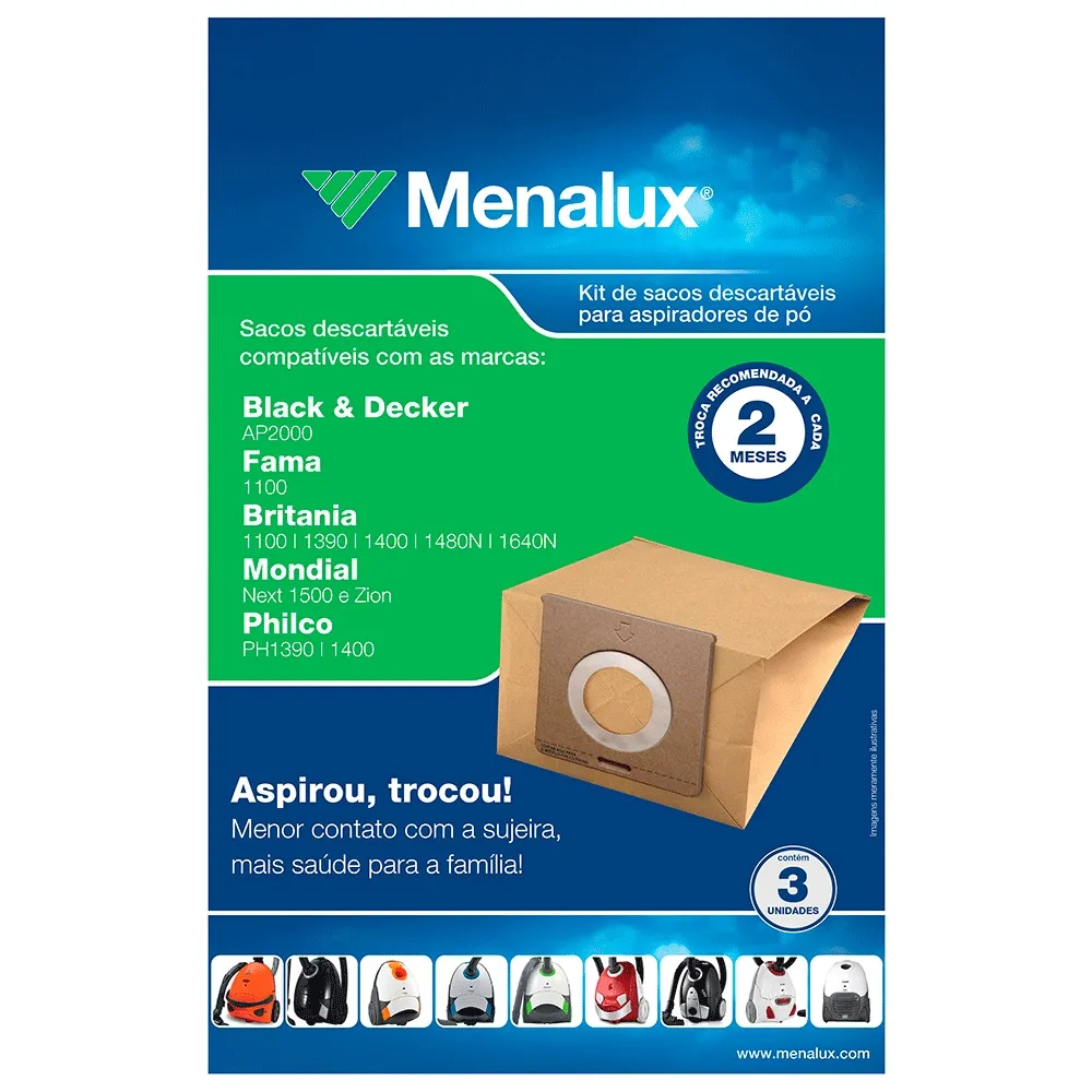 Kit com 3 Sacos Descartáveis Menalux para Aspirador de Pó (SIM01)
