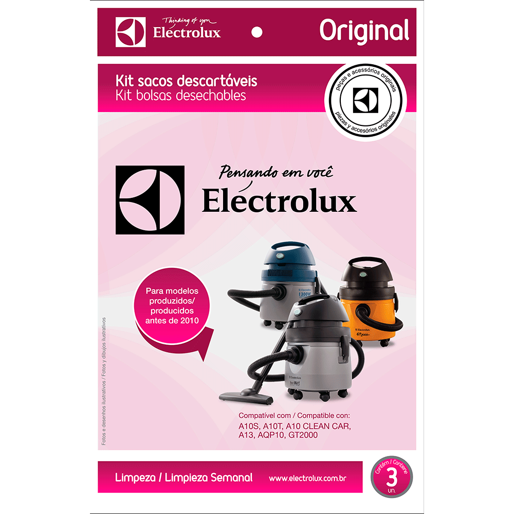 Kit c/ 3 Sacos para Modelos: A10S, A10T, A10 CleanCar, A13e GT2000 Produzidos Antes de 2010 Electrolux (CSE09)