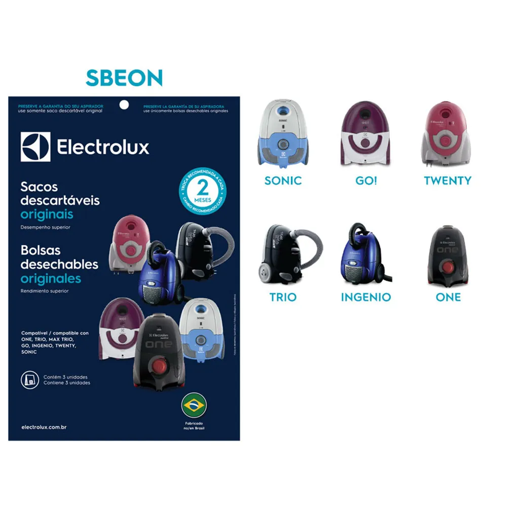 Kit c/ 3 Sacos Descartáveis p/ Aspiradores de Pó Modelos: One, Trio, Max Trio, Go!, Ingenio, Twenty e Sonic Electrolux (SBEON)