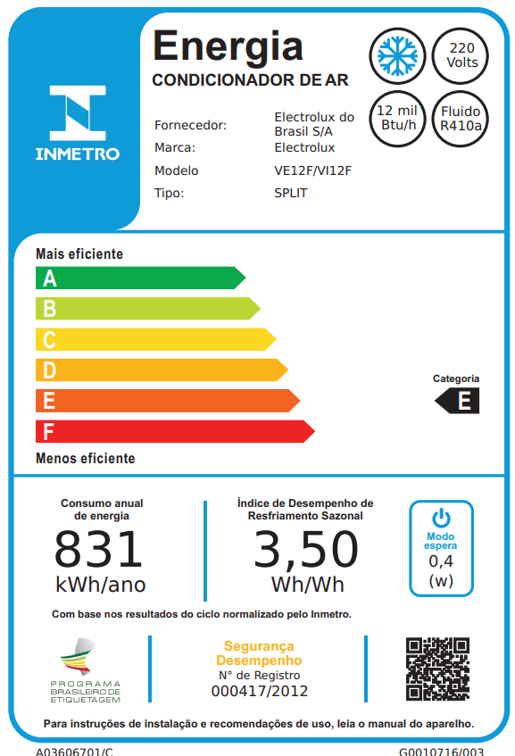 Ar-Condicionado Split Electrolux 12.000 Btus Frio Linha Ecoturbo (VI12F/VE12F)