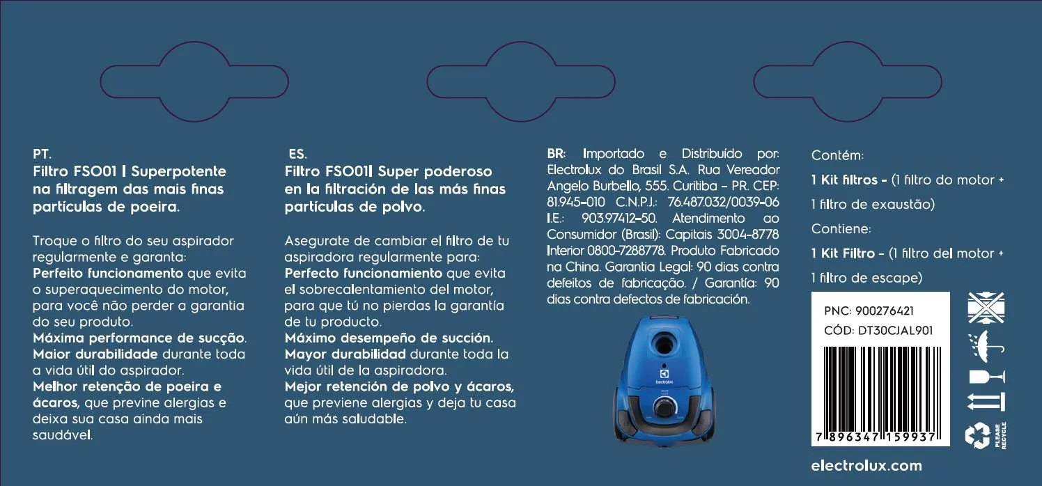 Kit de Filtros ORIGINAIS para Aspirador de Pó SON10 (FSO01) Electrolux