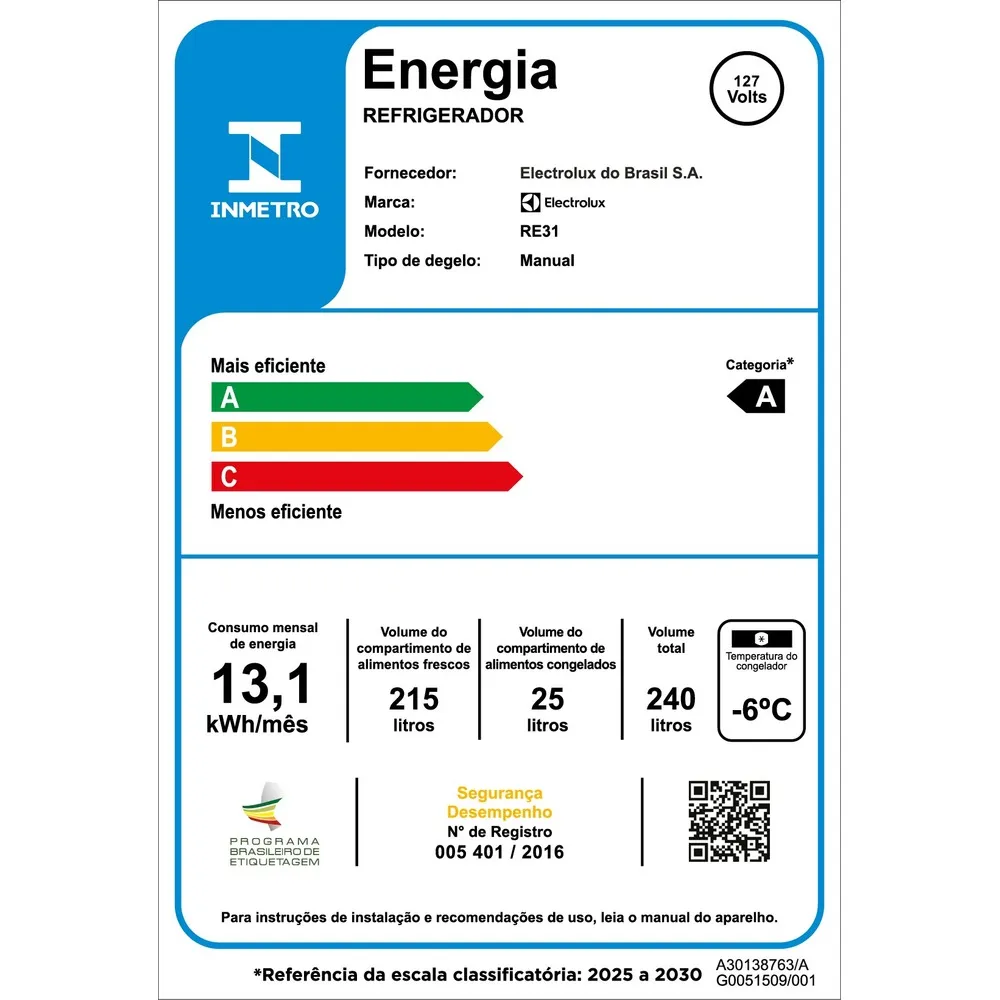 Geladeira Electrolux Cycle Defrost 240L Degelo Prático Uma Porta Branca (RE31)