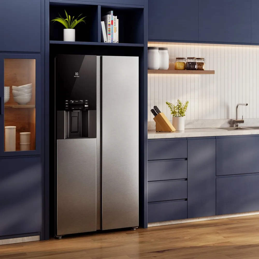 Geladeira Electrolux Frost Free Inverter 481L AutoSense e Água e Gelo na Porta Side by Side Inox Look (ES4WS)