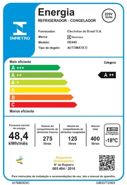 Geladeira Electrolux Frost Free 400L Efficient AutoSense Inverse cor Inox Look (DB44S)
