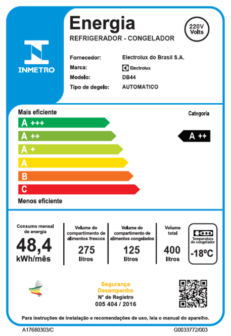 Geladeira Electrolux Frost Free 400L Efficient AutoSense Inverse Branca (DB44)