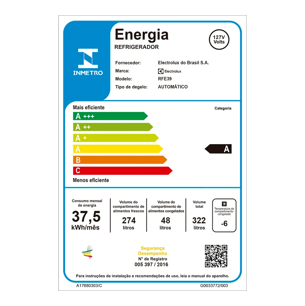 Geladeira Electrolux Frost Free 322L Painel Blue Touch Uma Porta Branca (RFE39)