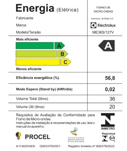 Micro-ondas Electrolux 36L cor Inox Efficient com Descongelamento Assistido (ME36S)