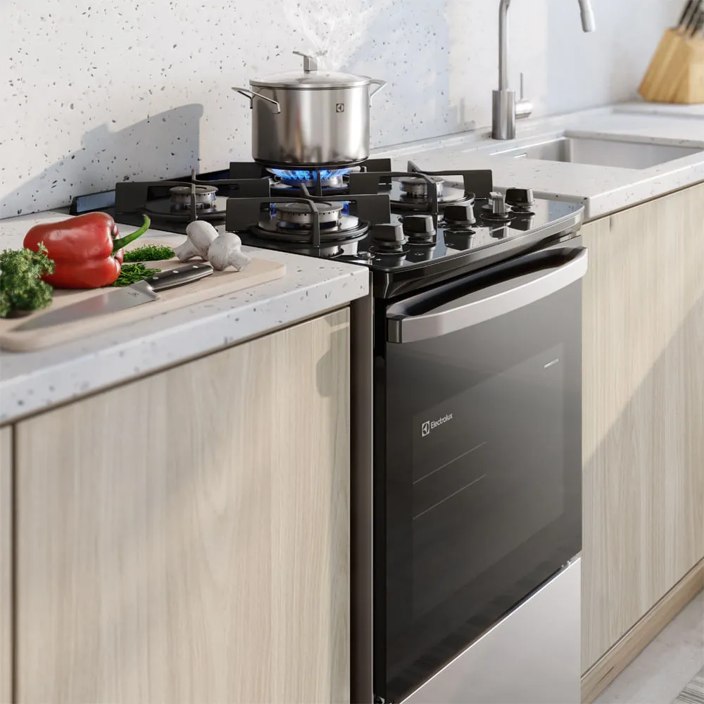Fogão 4 bocas Electrolux Cinza Efficient Mesa Vidro, Tripla Chama e PerfectCook (FE4GG)