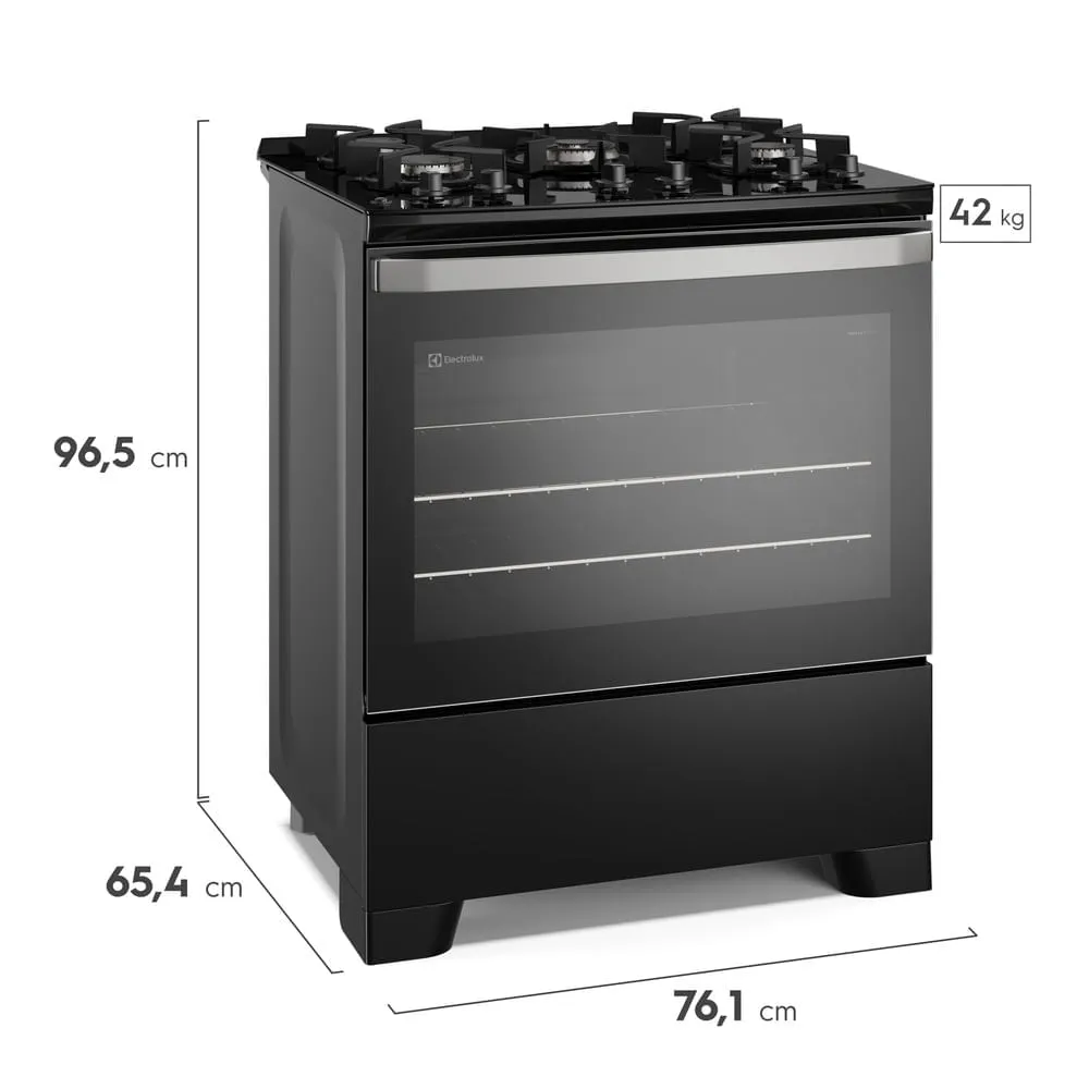 Fogão 5 bocas Electrolux Preto Efficient Mesa de Vidro, PerfectCook e Grades de Ferro (FE5GB)