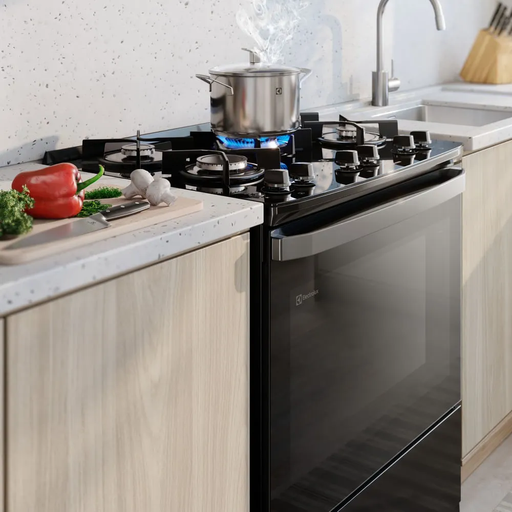 Fogão 5 bocas Electrolux Preto Efficient Mesa de Vidro, PerfectCook e Grades de Ferro (FE5GB)
