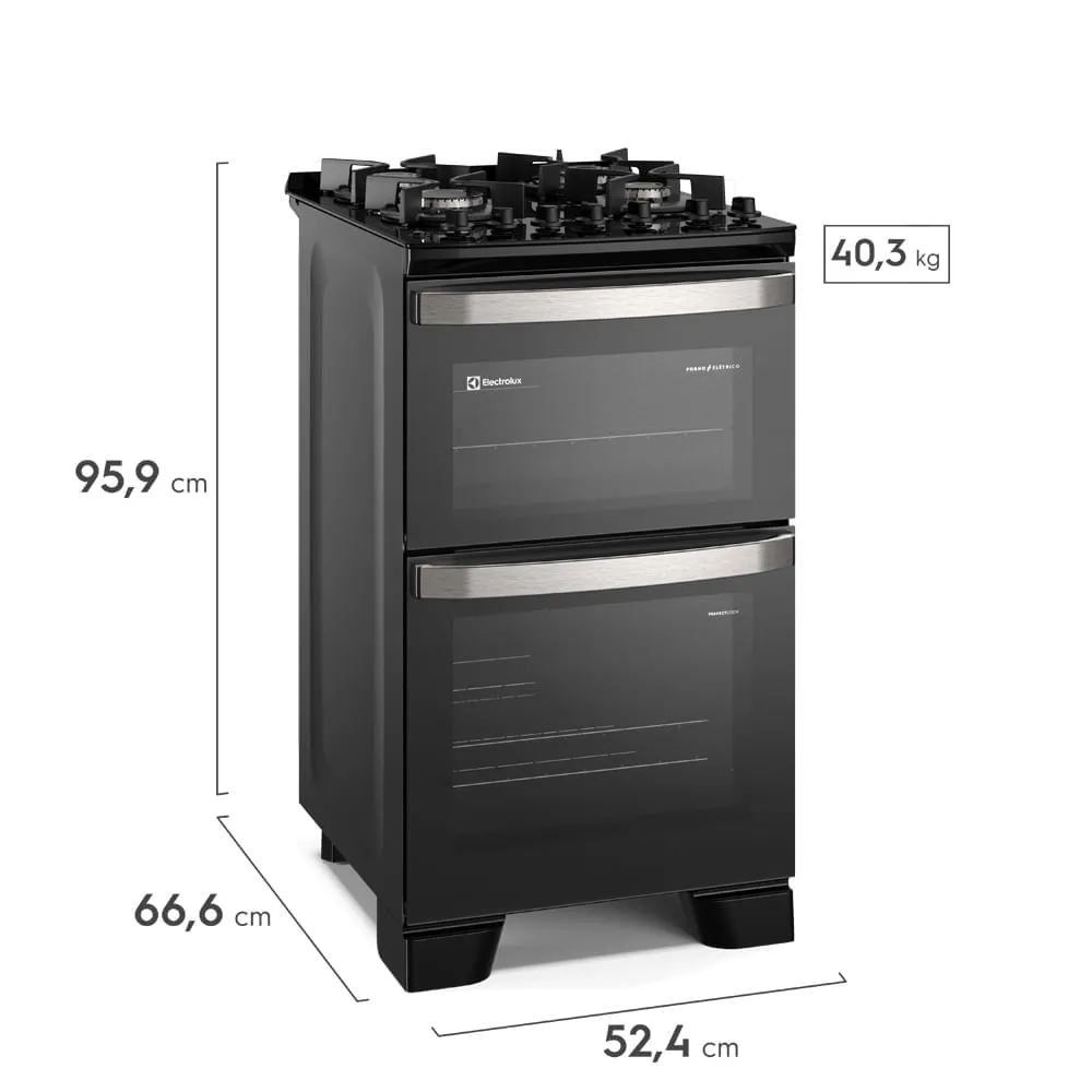 Fogão 4 bocas Electrolux Preto Experience Mesa de Vidro, 2 Fornos e Grade de Ferro Fundido (FE4DB)