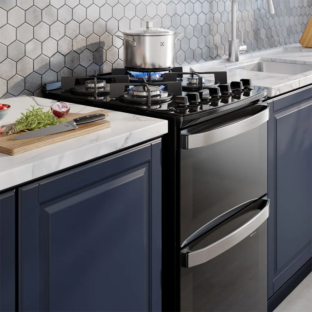 Fogão 4 bocas Electrolux Preto Experience Mesa de Vidro, 2 Fornos e Grade de Ferro Fundido (FE4DB)