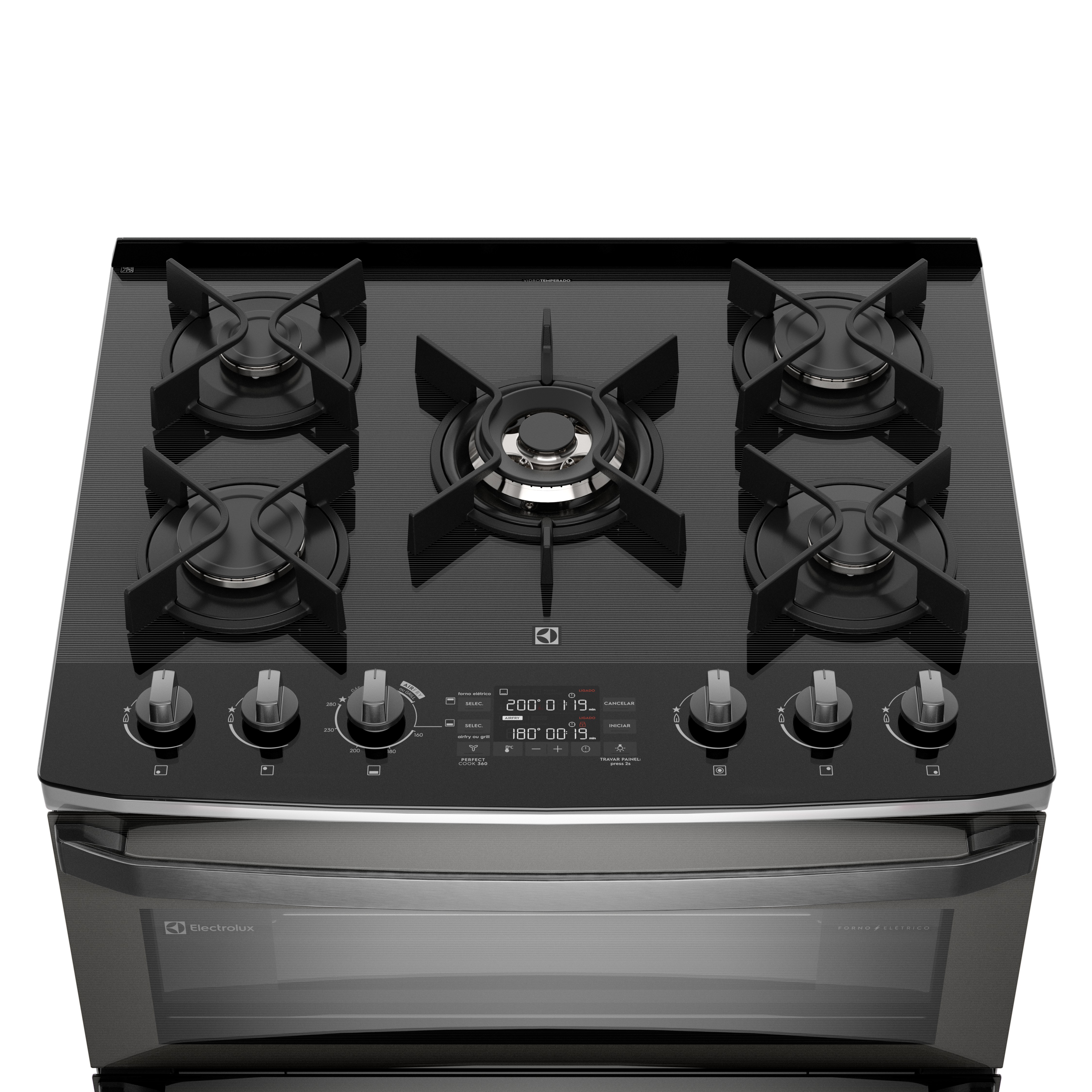 Fogão 5 bocas Electrolux Cinza Expert Função Air Fryer, 2 Fornos, Grill e Timer (FE5AD)