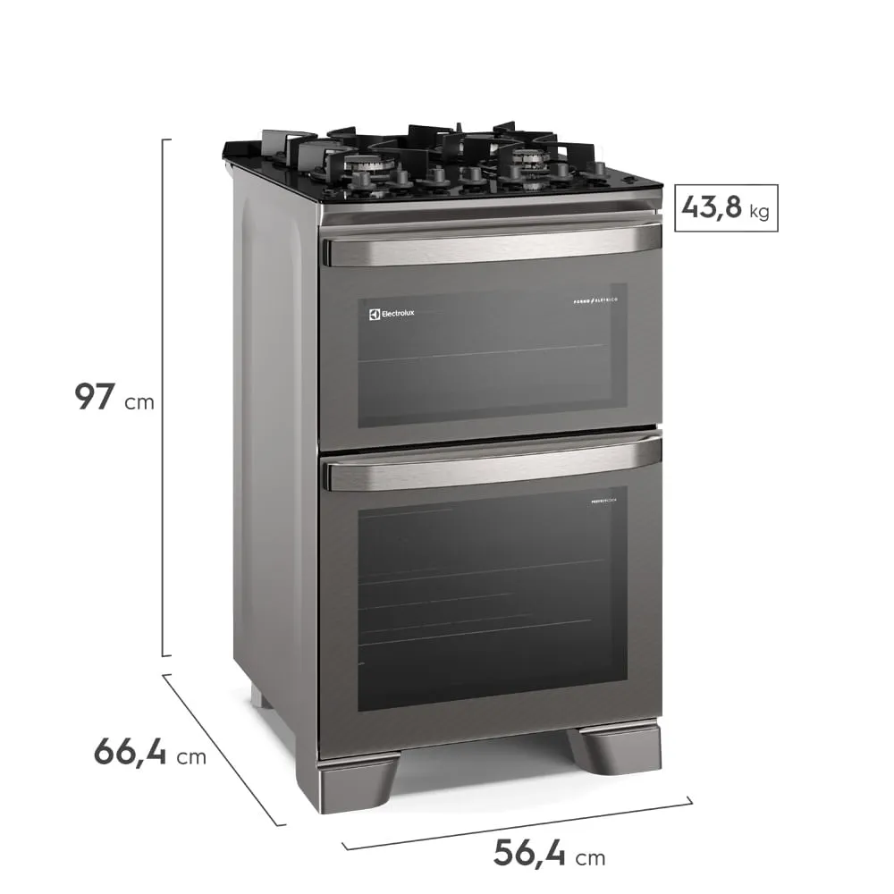 Fogão 4 bocas Electrolux Cinza Experience Mesa de Vidro, 2 fornos e PerfectCook360 (FE4DG)