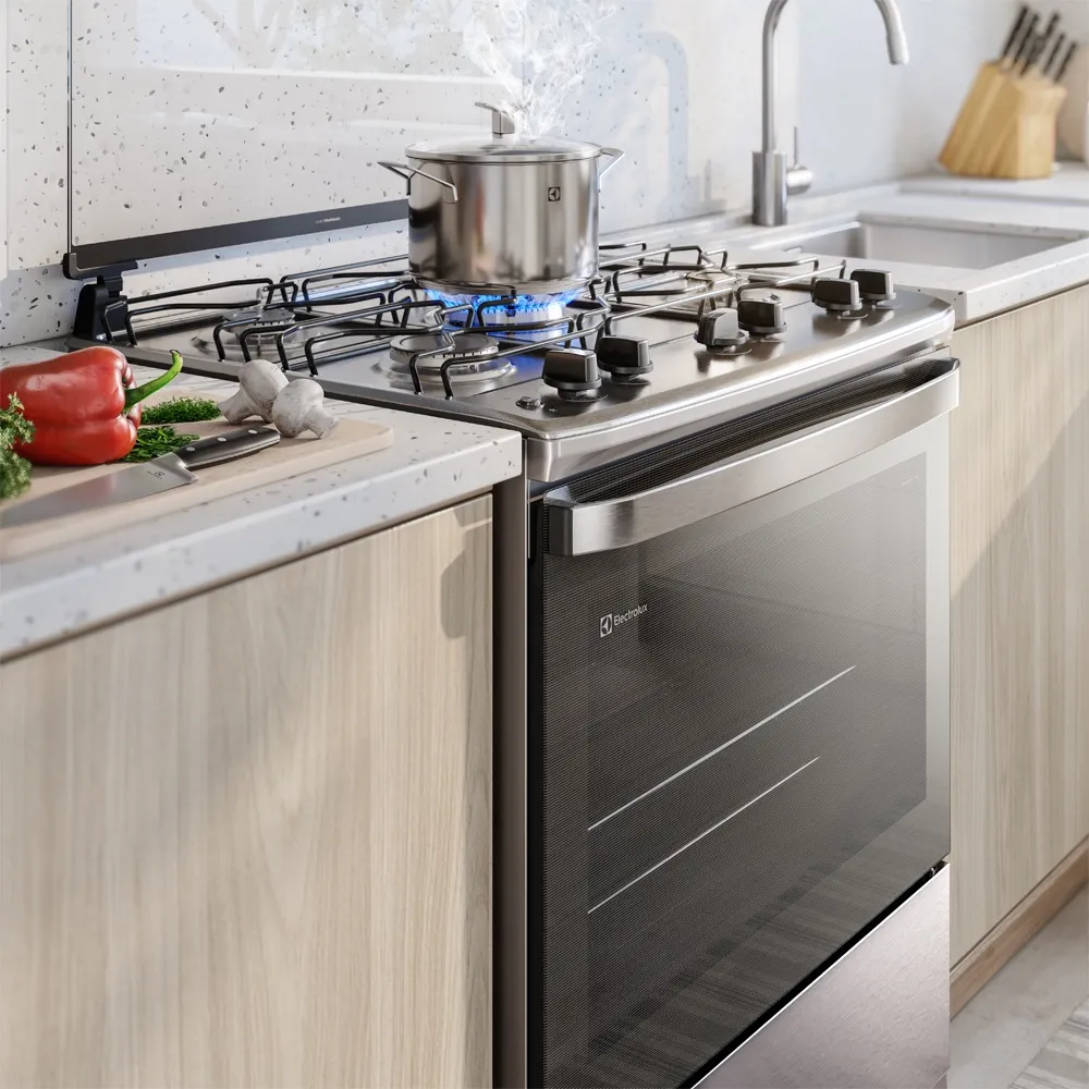 Fogão 5 bocas Electrolux Cinza Efficient com Mesa Inox, PerfectCook e VaporBake (FE5IC)