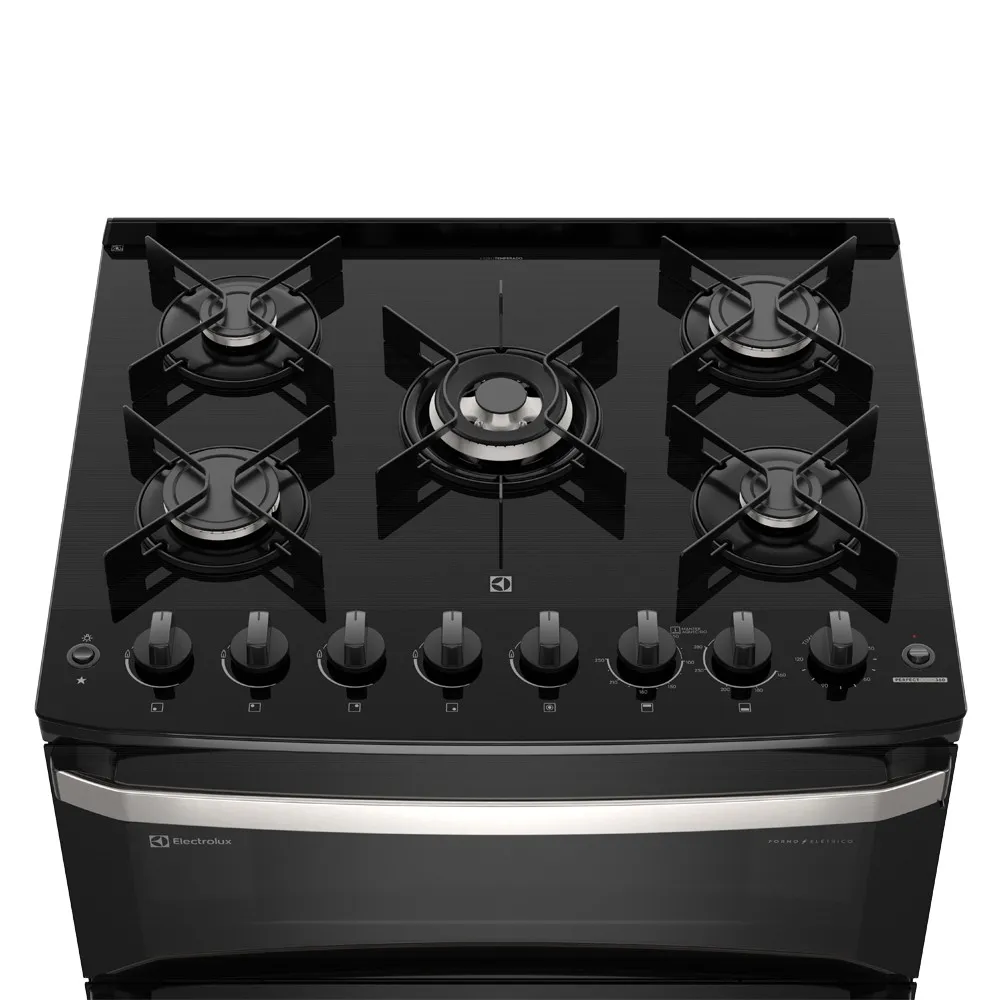 Fogão 5 bocas Electrolux Preto Experience 2 Fornos, Mesa de Vidro e PerfectCook360 (FE5DP)