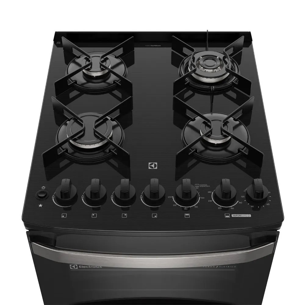 Fogão 4 bocas Electrolux Preto Experience Mesa vidro, 2 Fornos e Tripla Chama (FE4DP)