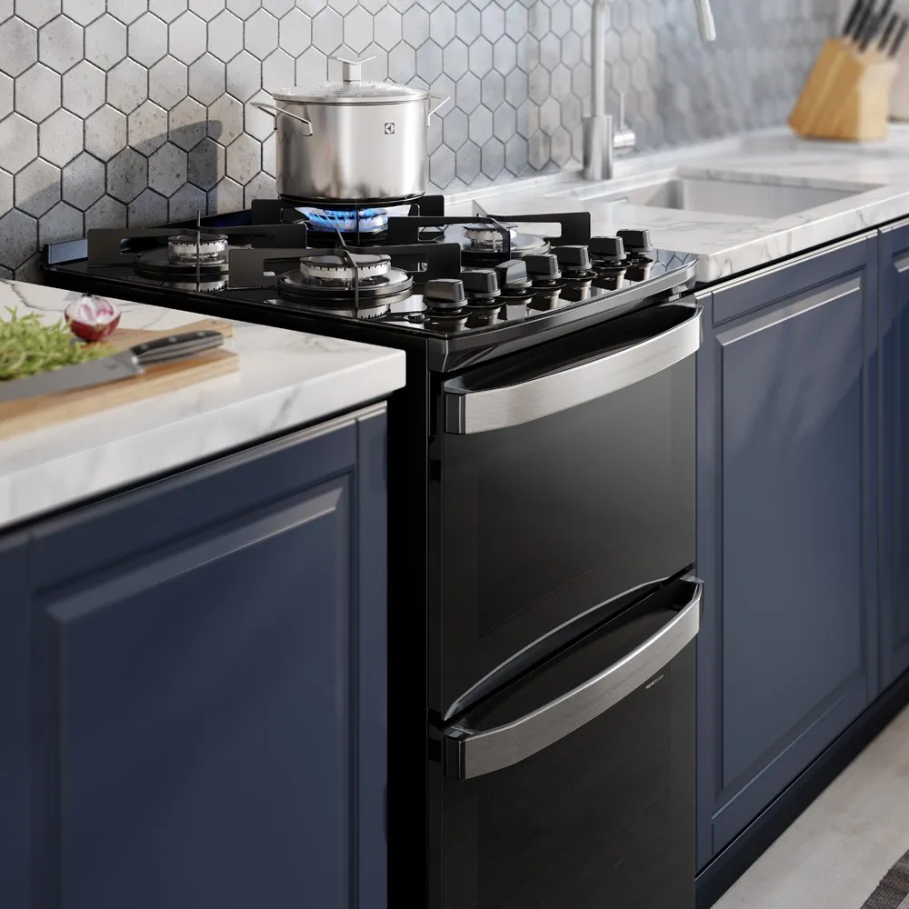 Fogão 4 bocas Electrolux Preto Experience Mesa vidro, 2 Fornos e Tripla Chama (FE4DP)