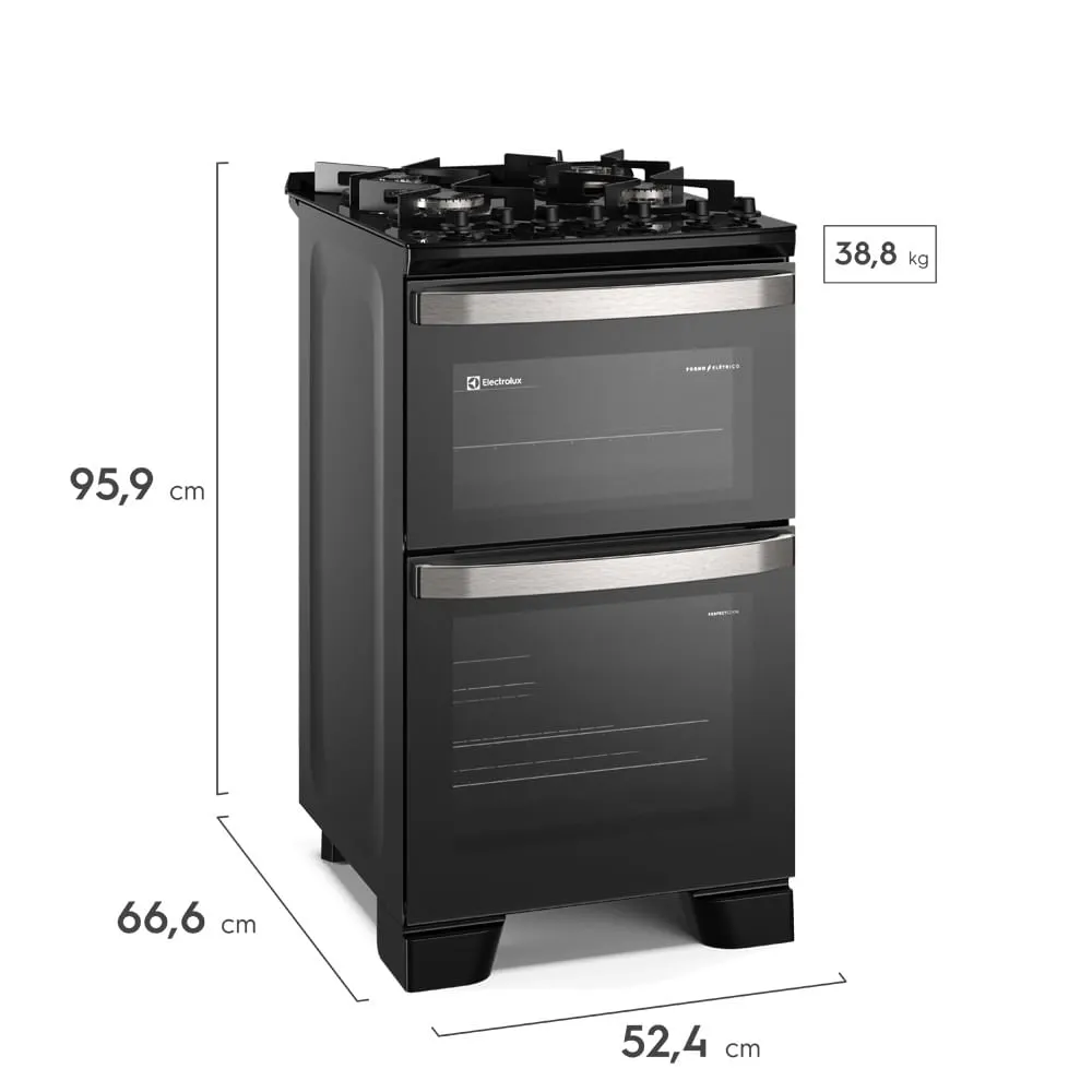 Fogão 4 bocas Electrolux Preto Experience Mesa vidro, 2 Fornos e Tripla Chama (FE4DP)
