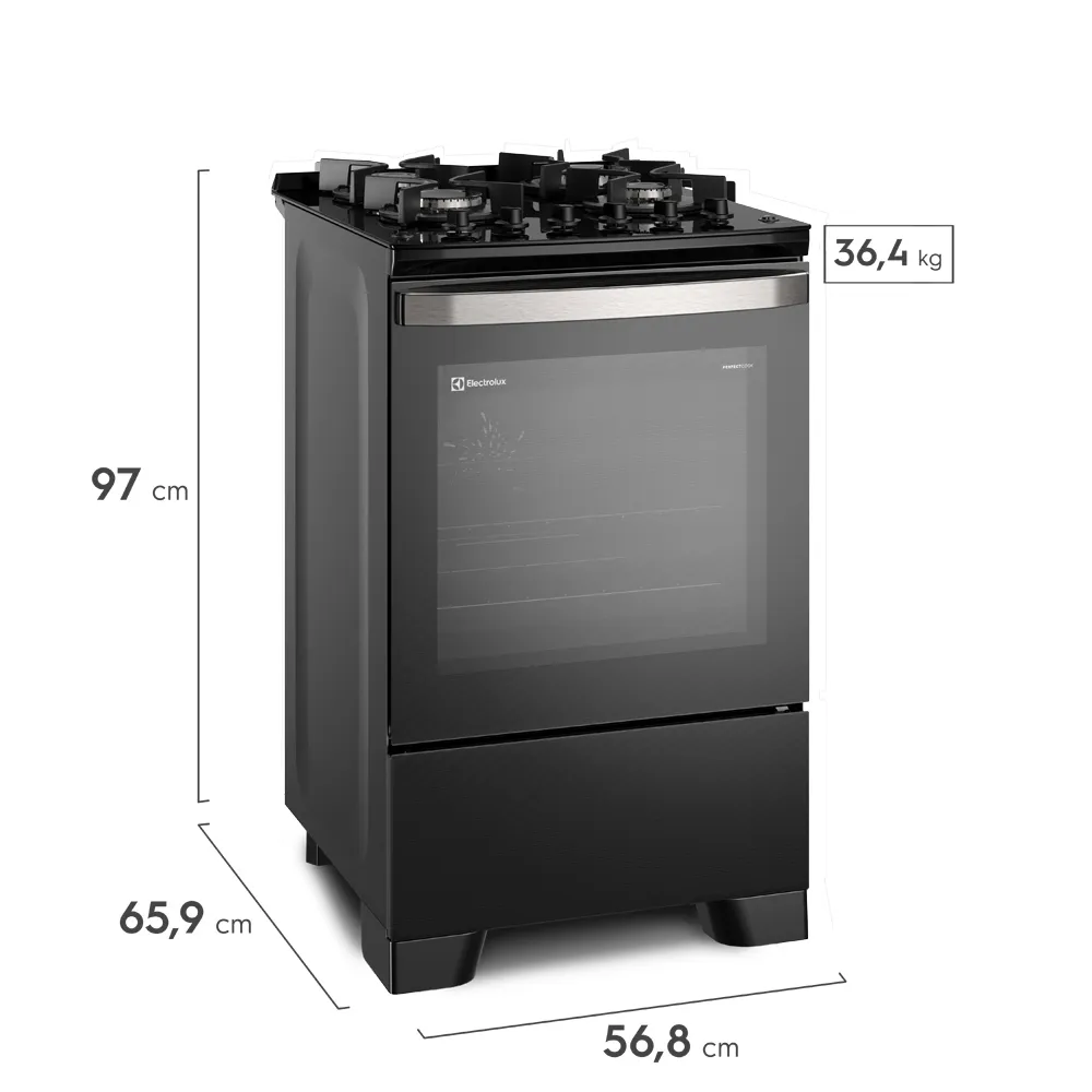Fogão 4 bocas Electrolux Preto Experience Mesa de Vidro, Grill e PerfectCook360 (FE4CB)