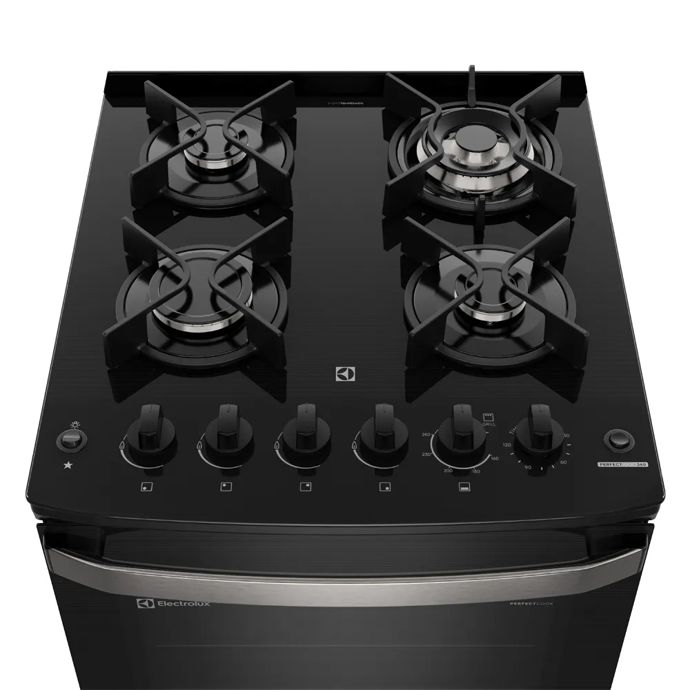 Fogão 4 bocas Electrolux Preto Experience Mesa de Vidro, Grill e PerfectCook360 (FE4CB)
