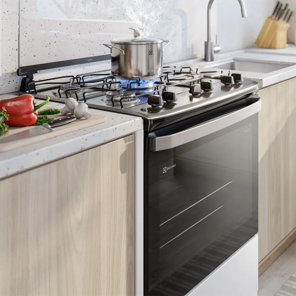 Fogão 5 bocas Electrolux Branco Efficient com Mesa Inox, PerfectCook e VaporBake (FE5IB)