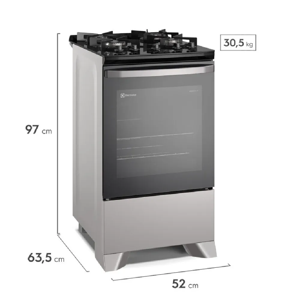 Fogão 4 bocas Electrolux Prata Efficient com Mesa de Vidro, Tripla Chama e VaporBake (FE4GS)