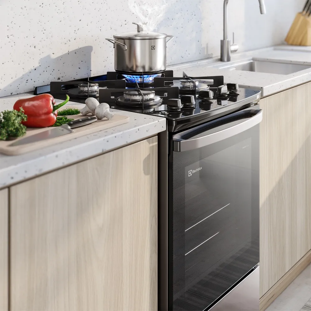 Fogão 4 bocas Electrolux Prata Efficient com Mesa de Vidro, Tripla Chama e VaporBake (FE4GS)