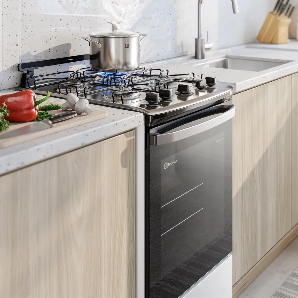 Fogão 4 bocas Electrolux Branco Efficient com Mesa Inox, PerfectCook e VaporBake (FE4IB)