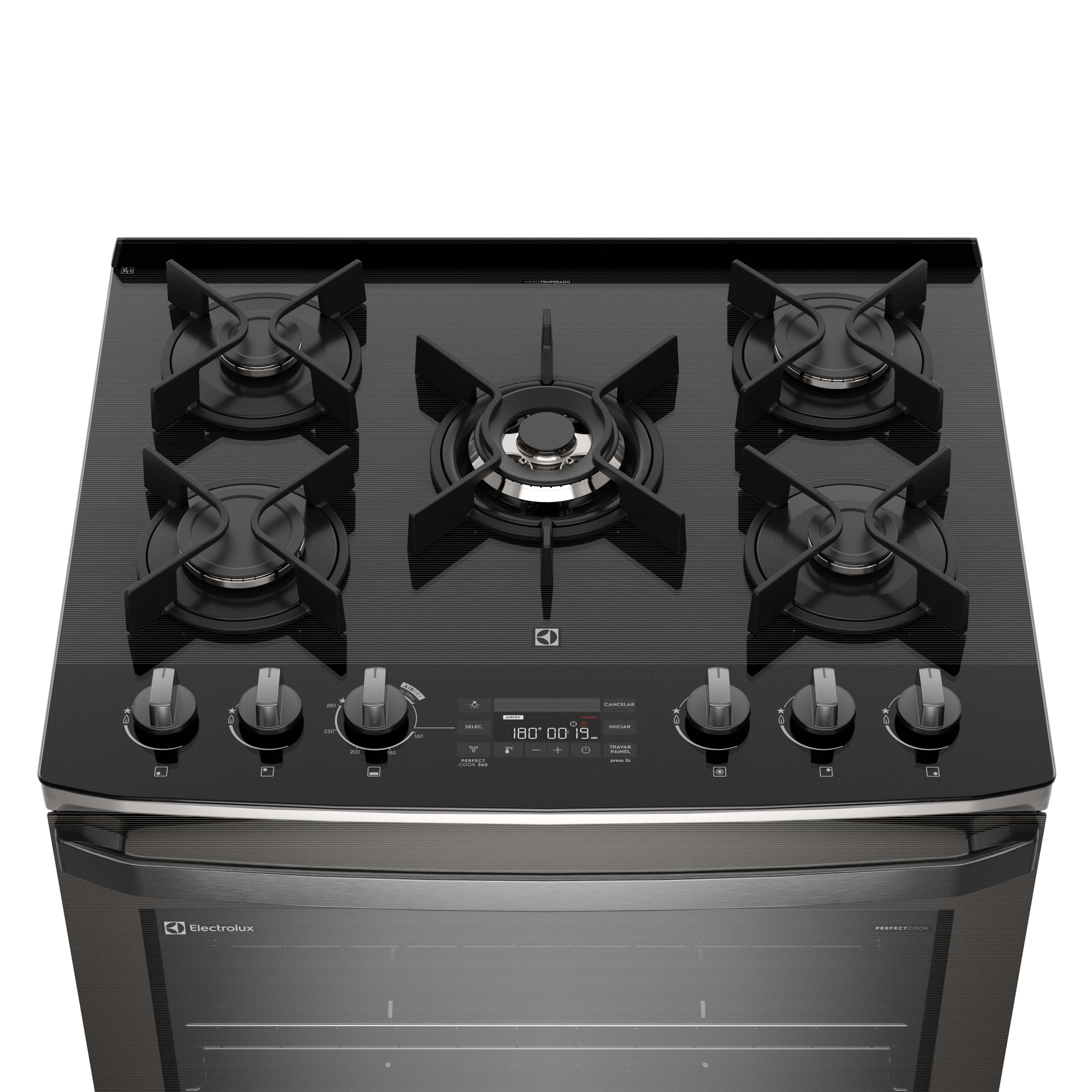 Fogão 5 bocas Electrolux Cinza Expert Função Air Fryer, Mesa Vidro, Grill e Timer (FE5AP)