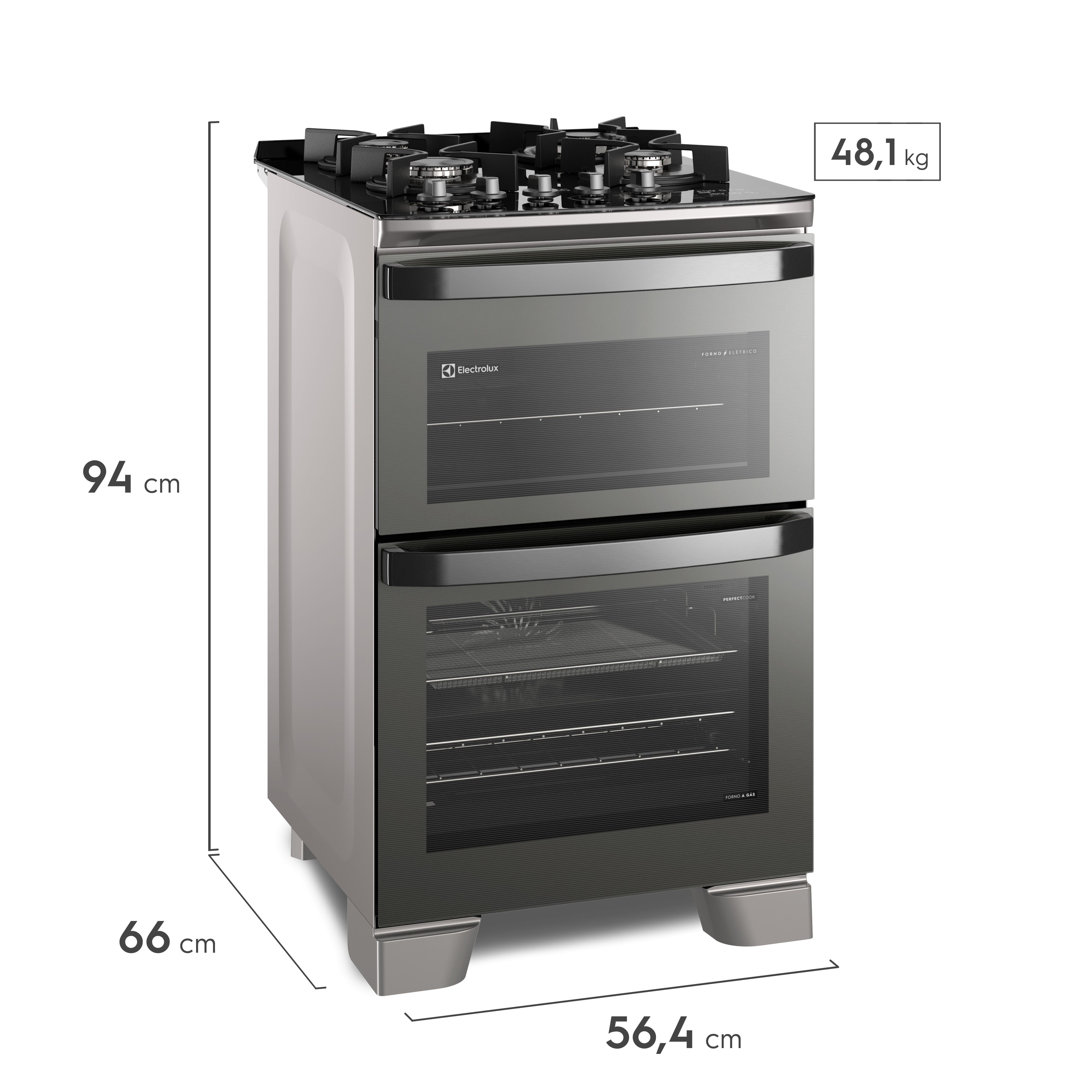Fogão 4 bocas Electrolux Cinza Expert 2 Fornos, Função Air Fryer, Grill e Timer (FE4AD)