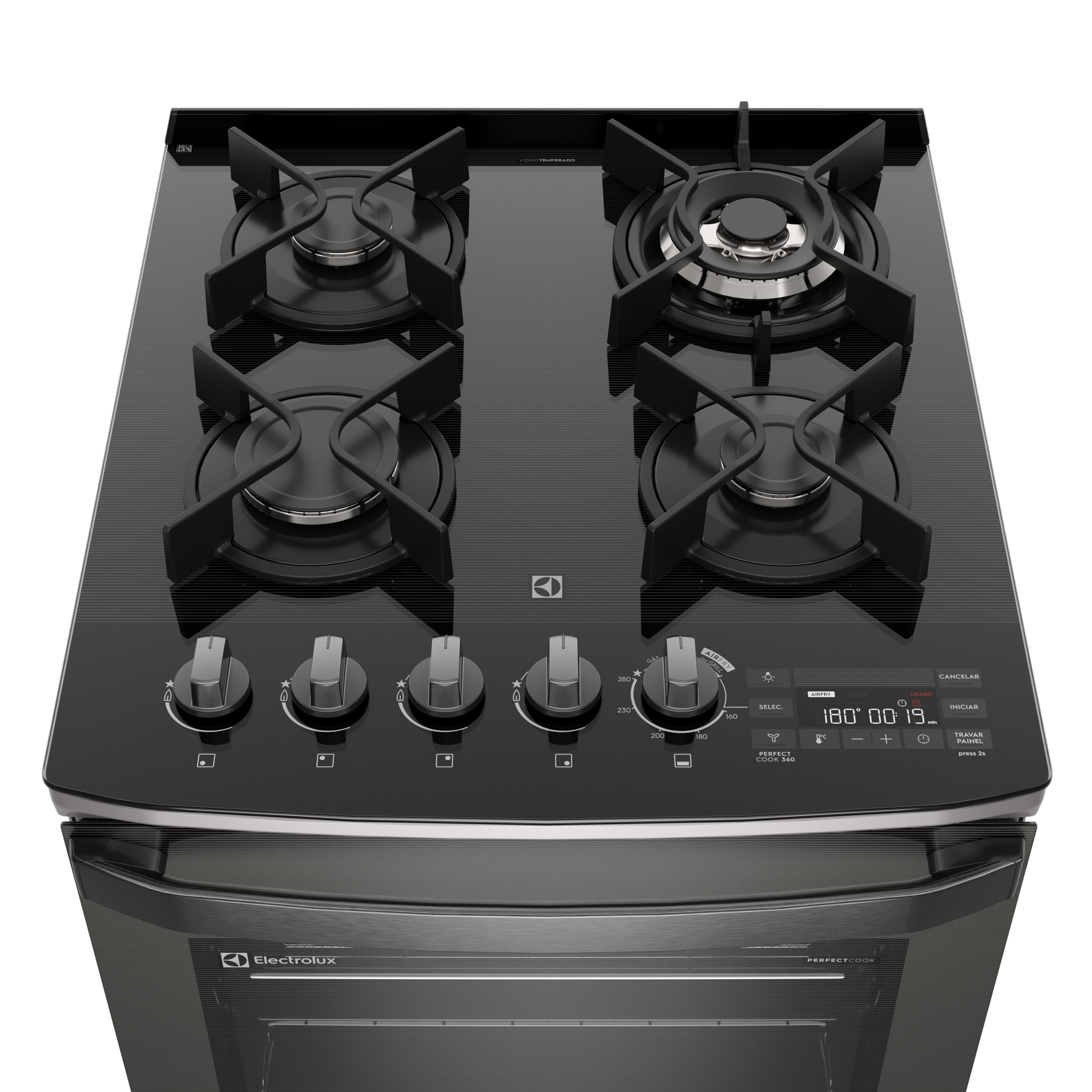 Fogão 4 bocas Electrolux Cinza Expert Função Air Fryer, Mesa Vidro, Grill e Timer (FE4AP)