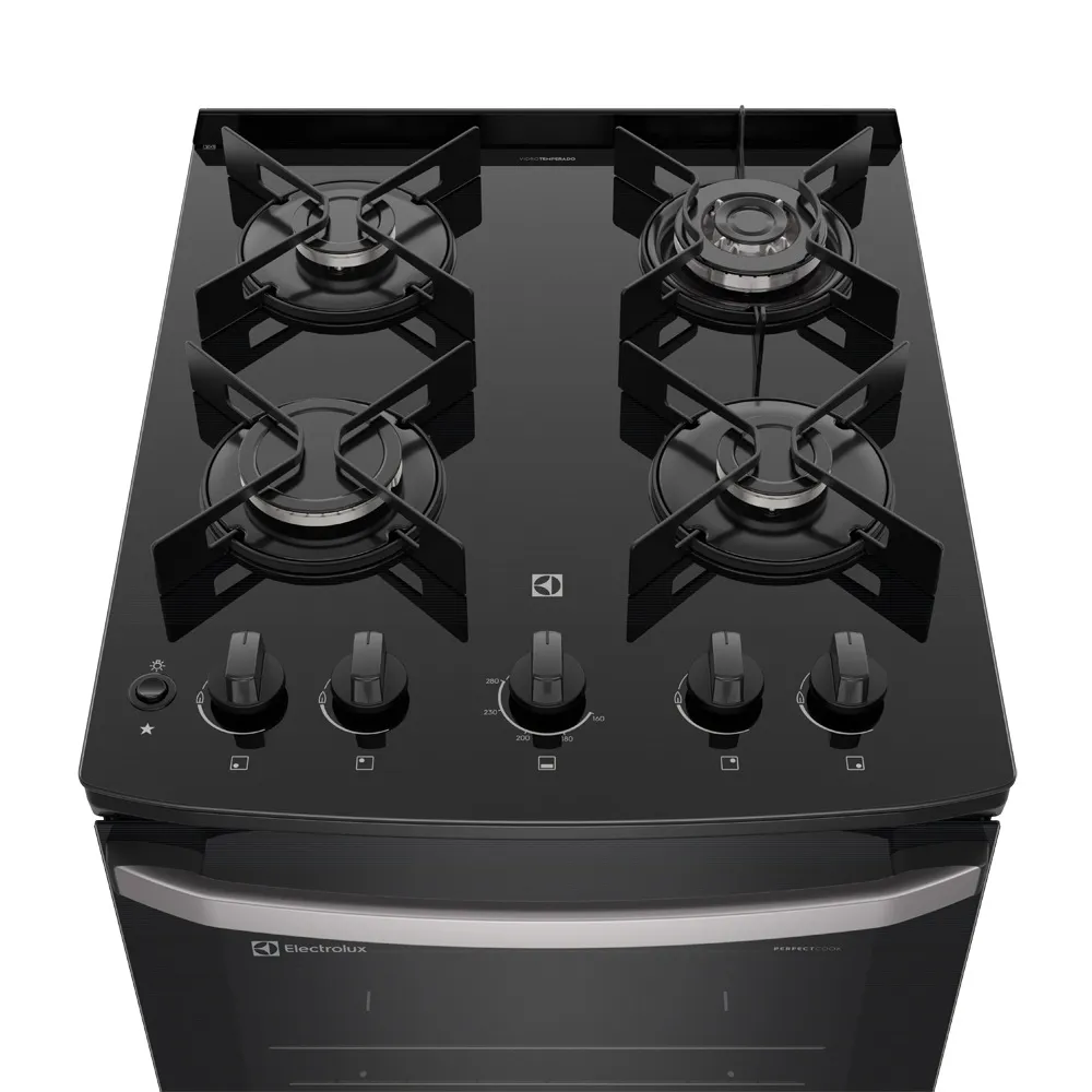 Fogão 4 bocas Electrolux Preto Efficient Mesa de Vidro, PerfectCook e Tripla Chama (FE4GP)