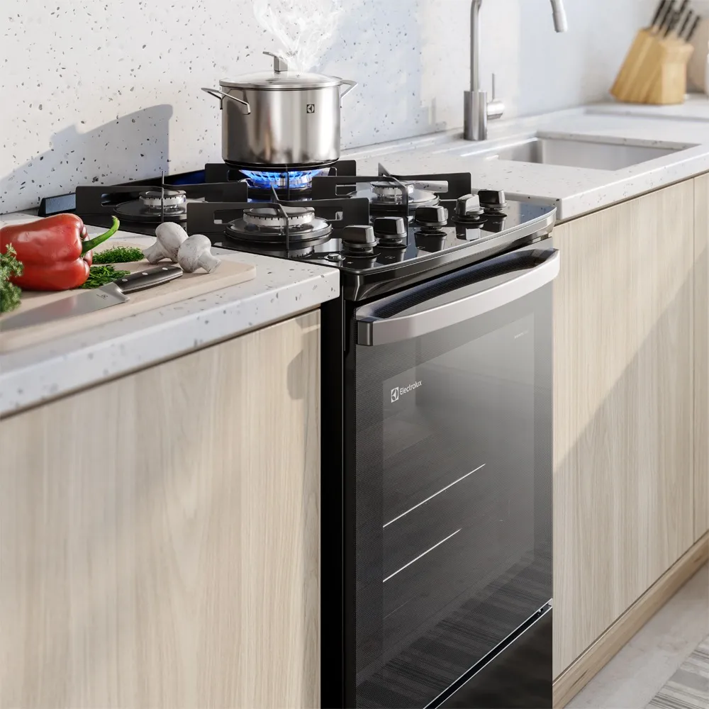 Fogão 4 bocas Electrolux Preto Efficient Mesa de Vidro, PerfectCook e Tripla Chama (FE4GP)