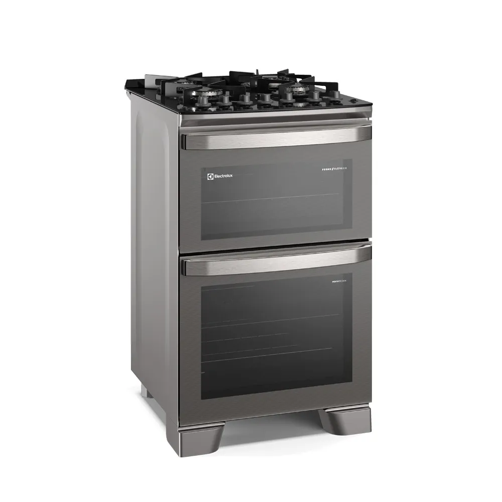 Fogão 4 bocas Electrolux Cinza Experience com Mesa de Vidro, Duplo Forno e PerfectCook360 (FE4DC)