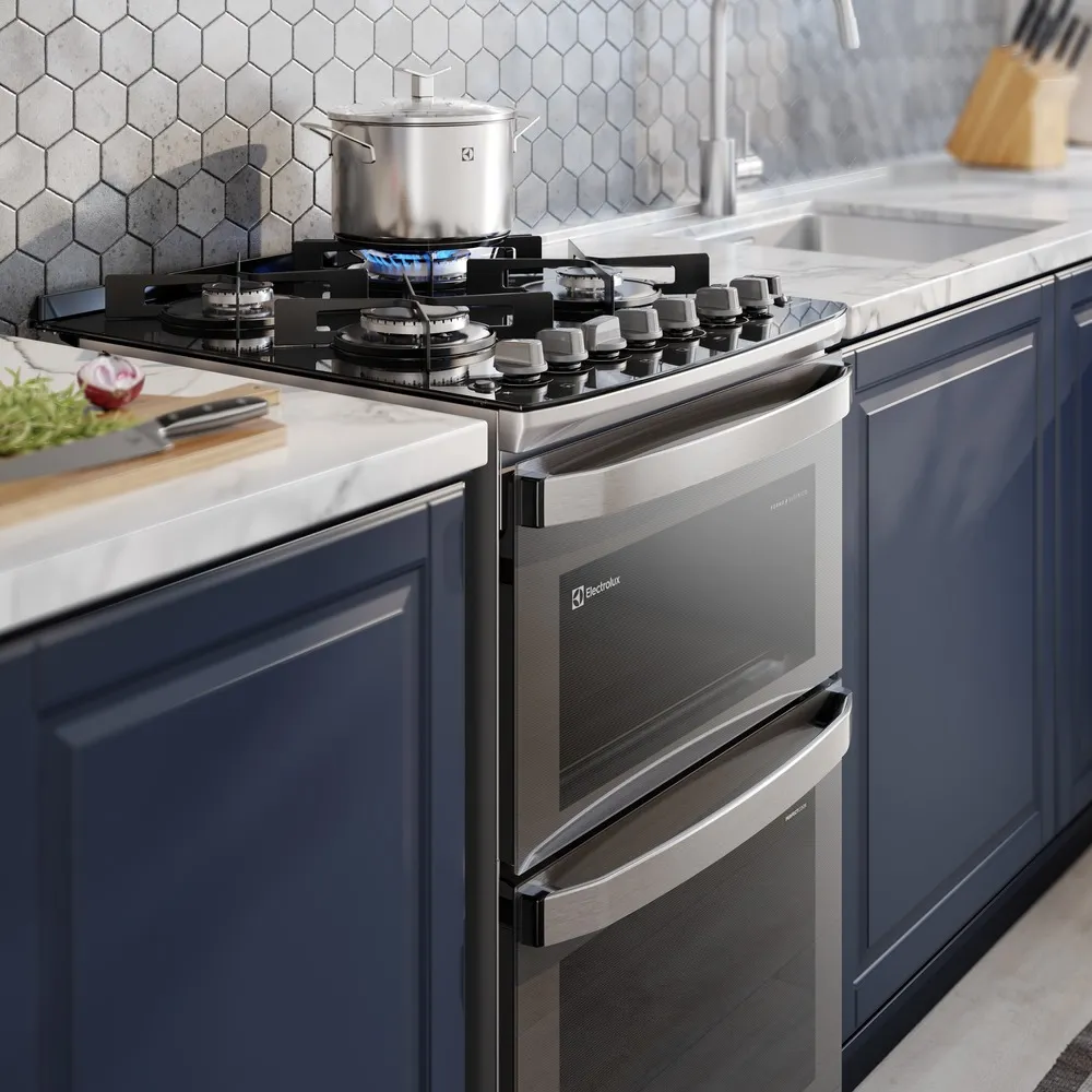 Fogão 4 bocas Electrolux Cinza Experience com Mesa de Vidro, Duplo Forno e PerfectCook360 (FE4DC)