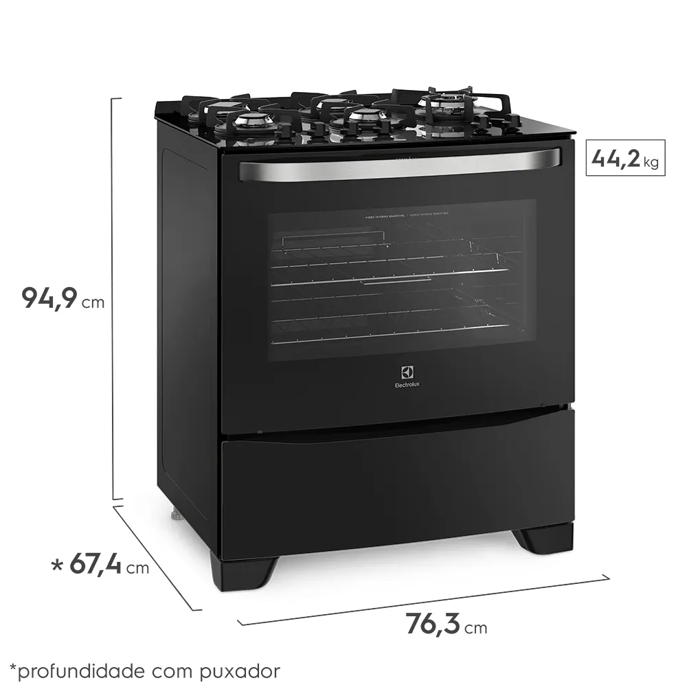 Fogão 5 Bocas Electrolux Preto com Mesa de Vidro e Tripla Chama (76SPV)