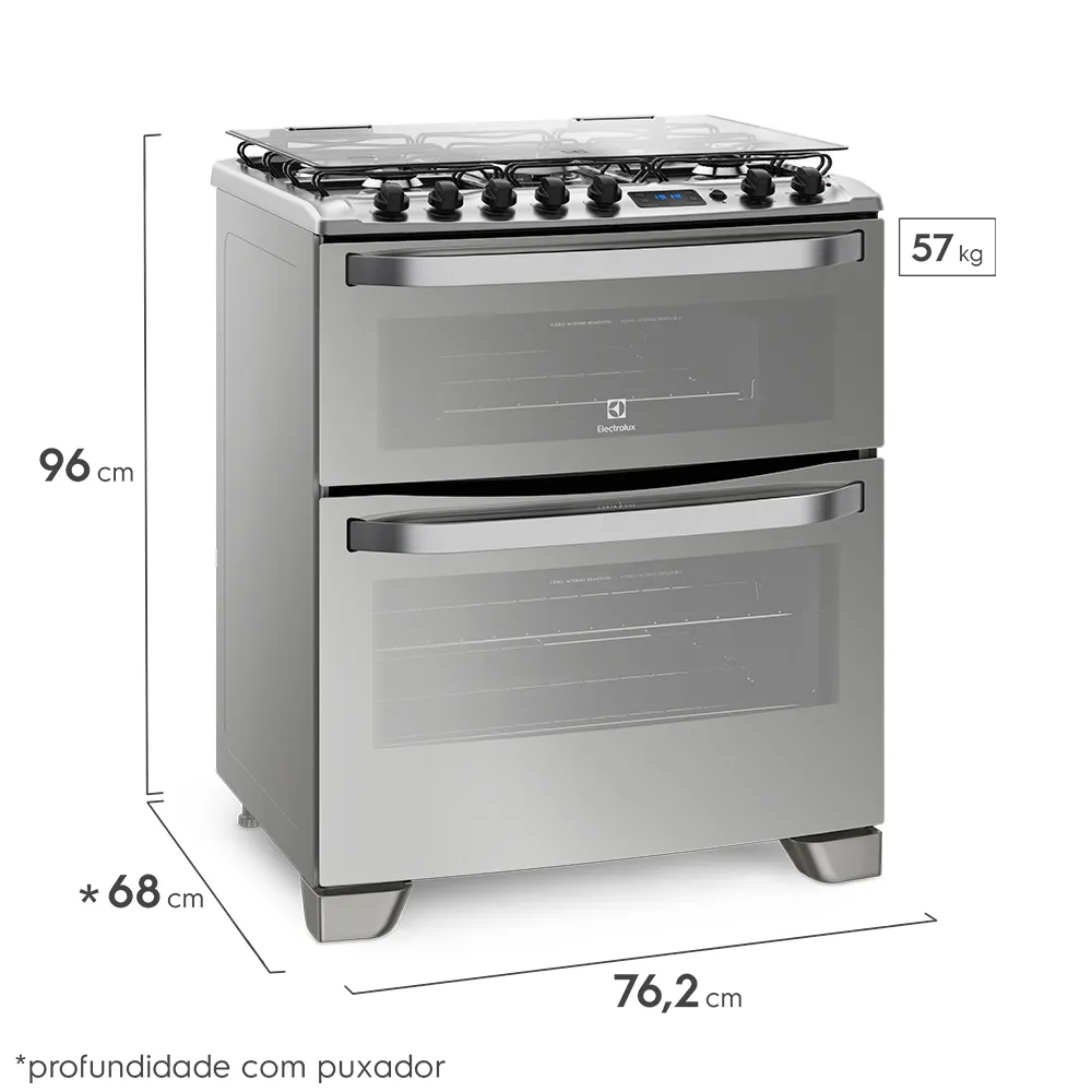 Fogão 5 Bocas Electrolux Prata com Forno Duplo e Timer Digital (76DXR)