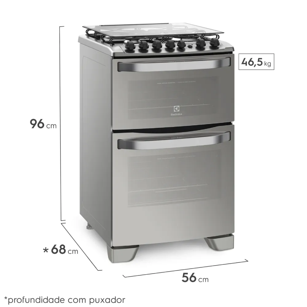 Fogão 4 Bocas Electrolux Prata com Forno Duplo e Tripla Chama (56DXQ)