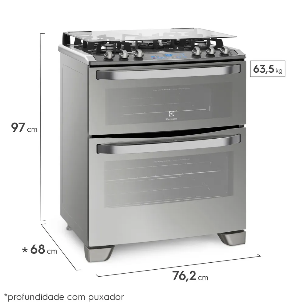 Fogão 5 Bocas Electrolux Prata com Mesa de Vidro e Forno Duplo (76DXW)