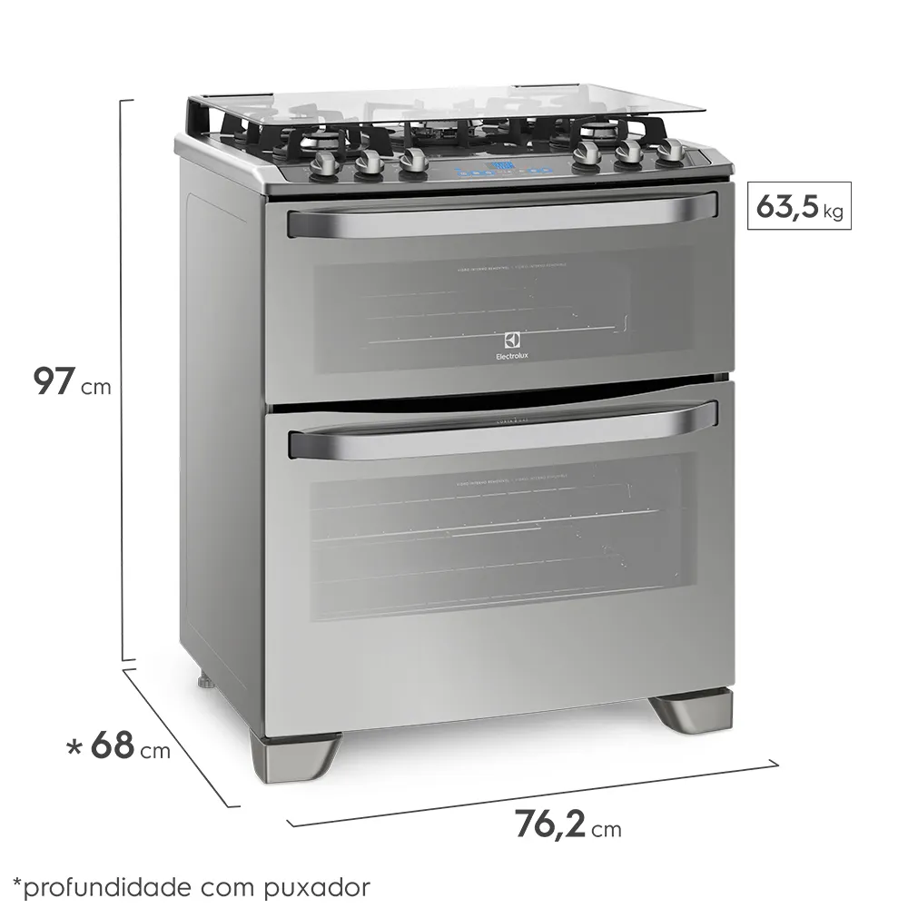 Fogão 5 Bocas Electrolux Prata com Mesa de Vidro e Forno Duplo (76DXV)