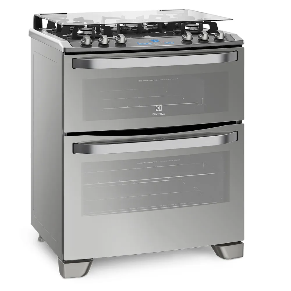 Fogão 5 Bocas Electrolux Prata com Mesa de Vidro e Forno Duplo (76DXV)