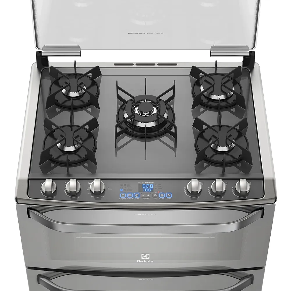 Fogão 5 Bocas Electrolux Prata com Mesa de Vidro e Forno Duplo (76DXV)
