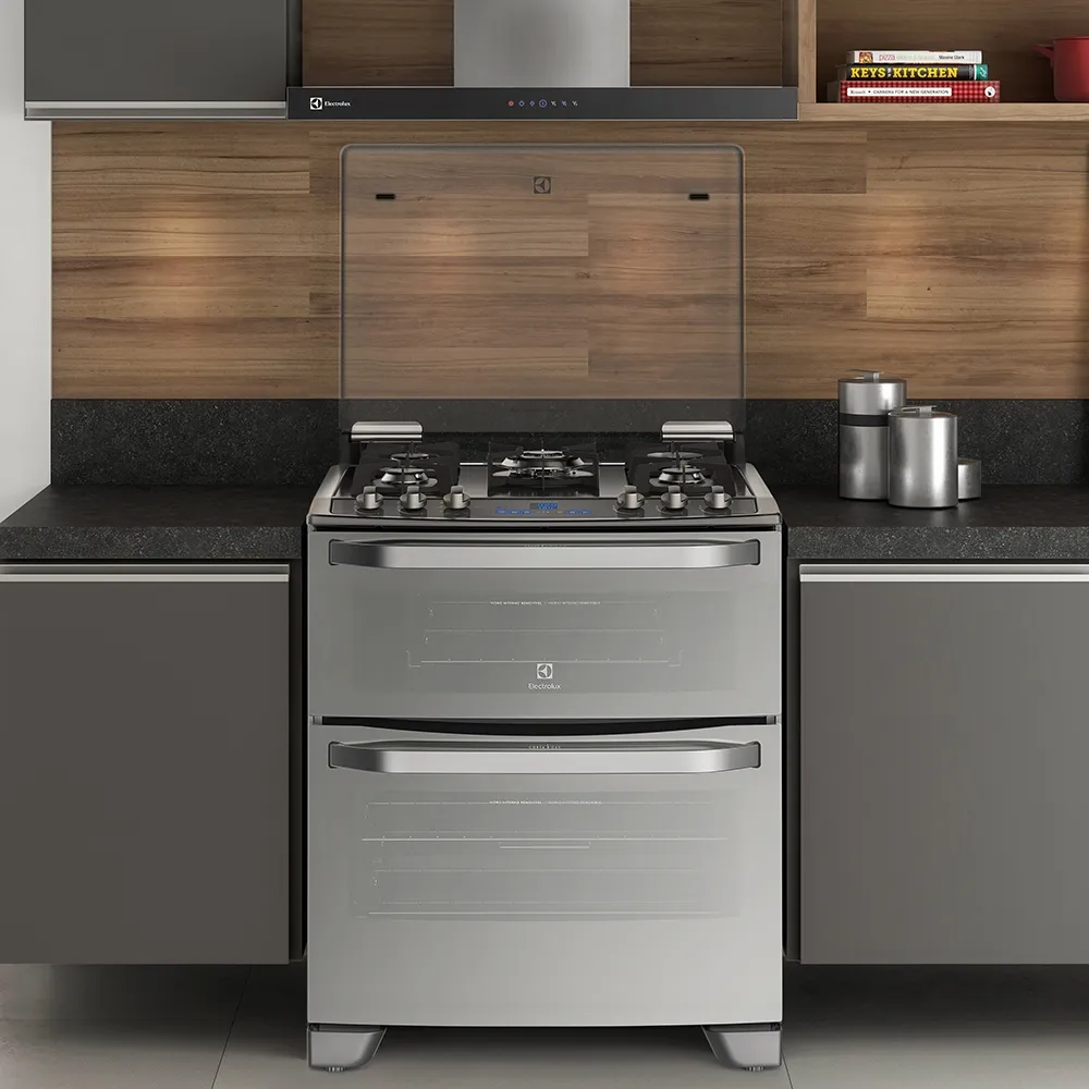 Fogão 5 Bocas Electrolux Prata com Mesa de Vidro e Forno Duplo (76DXV)