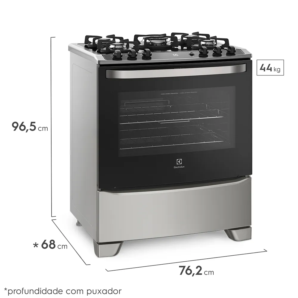 Fogão 5 Bocas Electrolux Prata com Mesa de Vidro e Tripla Chama (76USV)