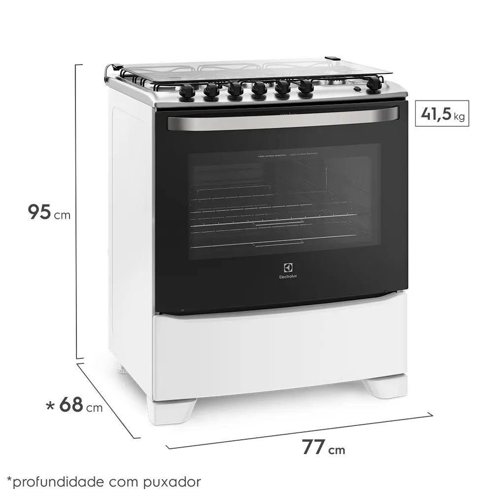 Fogão 6 Bocas Electrolux Branco com Porta Full Glass e Vidro Interno Removível (76UB6)