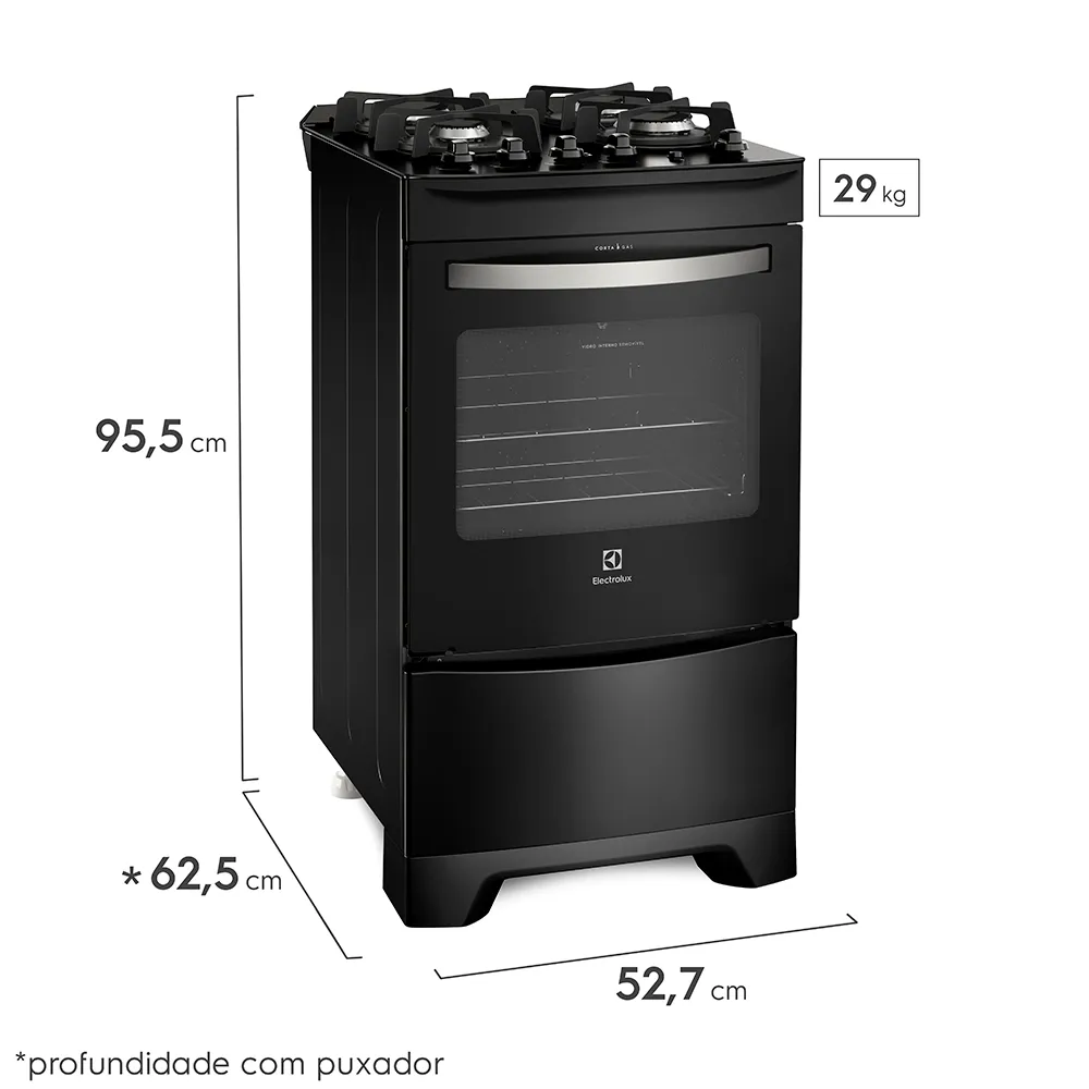 Fogão 4 Bocas Electrolux Preto com Mesa de Vidro e Porta Full Glass (52LPV)